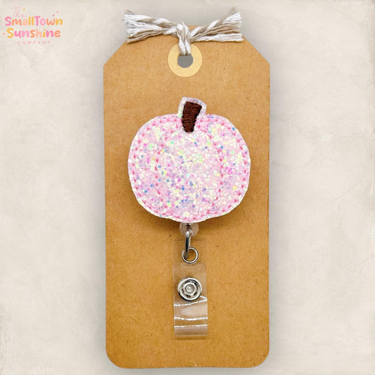 Pink Glitter Pumpkin Badge Reel, Fall Badge Reel, Autumn Nurse Badge Clip, Teacher Lanyard, Coworker Gift, Name Tag, Retractable ID Holder