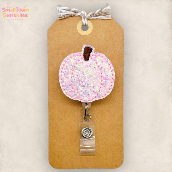 Pink Glitter Pumpkin Badge Reel, Fall Badge Reel, Autumn Nurse Badge Clip, Teacher Lanyard, Coworker Gift, Name Tag, Retractable ID Holder