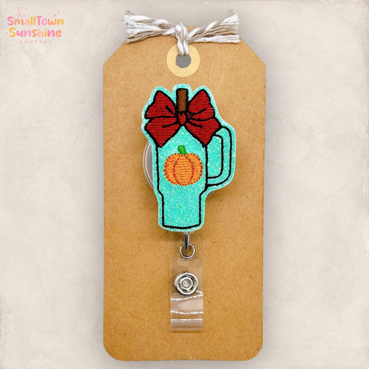 Fall Coquette Tumbler Badge Reel, Autumn Badge, Nurse Badge Clip, Teacher Lanyard, Coworker Gift, Name Tag, Retractable ID Holder | GLITTER