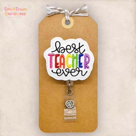 Best Teacher Ever Badge Reel, Teacher Badge Reel, Student Teacher Name Tag, Para Lanyard, Coworker Gift, Retractable ID Holder | GLITTER