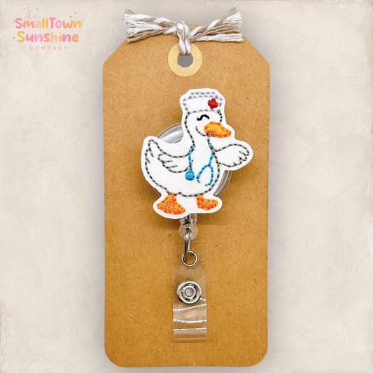 Nurse Goose Badge Reel, Silly Bird Name Tag, Nurse Badge Clip, Pediatrics, Hospital Lanyard, Coworker Gift, Retractable ID Holder | GLITTER