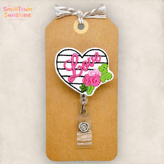 Striped Love Heart Badge Reel, Valentine’s Day Badge, Coworker Gift, Teacher Lanyard, Nurse Badge Clip, Retractable ID Holder | GLITTER