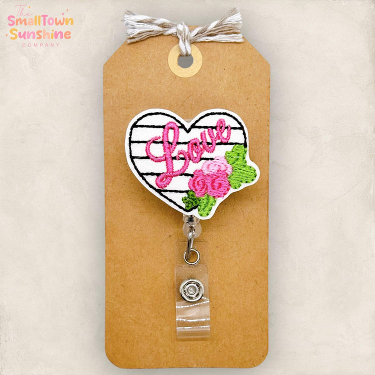 Striped Love Heart Badge Reel, Valentine’s Day Badge, Coworker Gift, Teacher Lanyard, Nurse Badge Clip, Retractable ID Holder | GLITTER