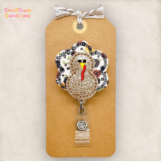 Harvest Floral Turkey Badge Reel, Thanksgiving Badge Reel, Nurse Badge Clip, Teacher Lanyard, Coworker Gift, Retractable ID Holder | GLITTER