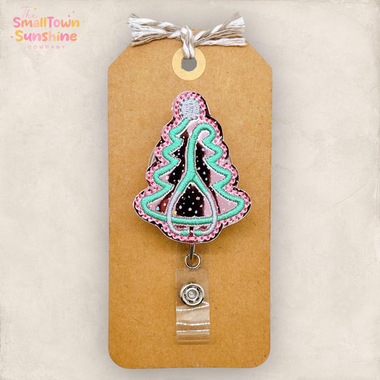 Pink Stethoscope Tree Badge Reel, Christmas Badge Reel, Nurse Badge Clip, Medical Lanyard, Coworker Gift, Name Tag, Retractable ID Holder