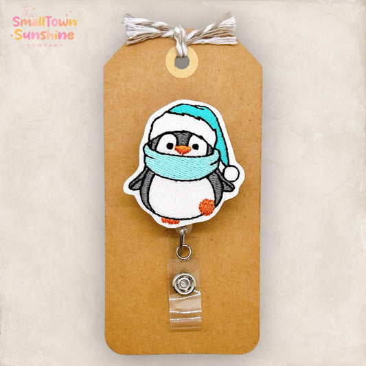 Teal Penguin Badge Reel, Winter Badge Reel, Nurse Badge Clip, Teacher Lanyard, Coworker Gift, Name Tag, Retractable ID Holder | GLITTER