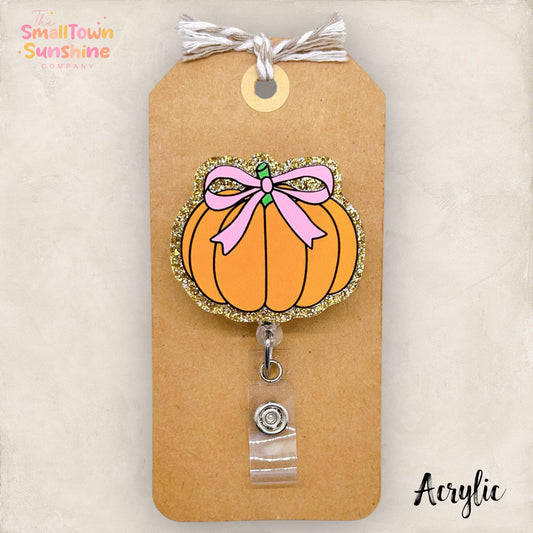 Coquette Pumpkin Badge Reel, Fall Name Tag Holder, Nurse Badge Clip, Teacher Lanyard, Coworker Gift, Retractable ID Holder | ACRYLIC GLITTER