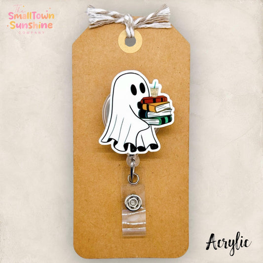 Bookish Ghost Badge Reel, Halloween Badge Reel, Nurse Badge Clip, Teacher Lanyard, Coworker Gift, Retractable ID Badge Holder | ACRYLIC MINI