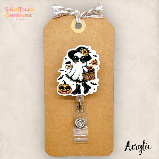 Sassy Sunnies Ghost Badge Reel, Halloween Badge Reel, Fall Nurse Badge Clip, Teacher Lanyard, Coworker Gift, Retractable ID Holder | ACRYLIC