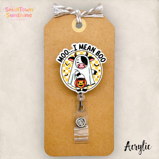 Moo I Mean Boo Badge Reel, Halloween Badge, Spooky Season, Nurse Badge Clip, Teacher Lanyard, Coworker Gift, Retractable ID Holder | ACRYLIC