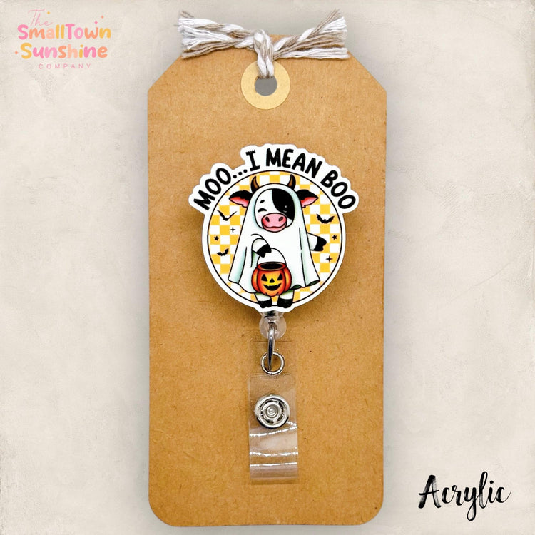 Moo I Mean Boo Badge Reel, Halloween Badge, Spooky Season, Nurse Badge Clip, Teacher Lanyard, Coworker Gift, Retractable ID Holder | ACRYLIC