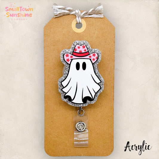 Pink Cowgirl Ghost Badge Reel, Halloween Name Tag, Nurse Badge Clip, Teacher Lanyard, Coworker Gift, Retractable ID Holder | ACRYLIC GLITTER