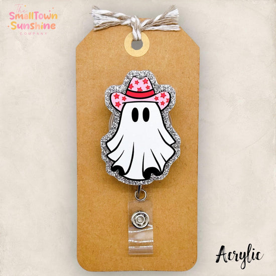Pink Cowgirl Ghost Badge Reel, Halloween Name Tag, Nurse Badge Clip, Teacher Lanyard, Coworker Gift, Retractable ID Holder | ACRYLIC GLITTER