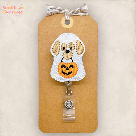 Trick or Treat Dog Badge Reel, Halloween Ghost Badge, Nurse Badge Clip, Teacher Lanyard, Name Tag, Coworker Gift, Retractable ID Holder