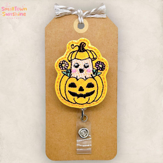 Ghost in Pumpkin Badge Reel, Halloween Badge, Nurse Badge Clip, Teacher Lanyard, Coworker Gift, Name Tag, Retractable ID Holder | GLITTER