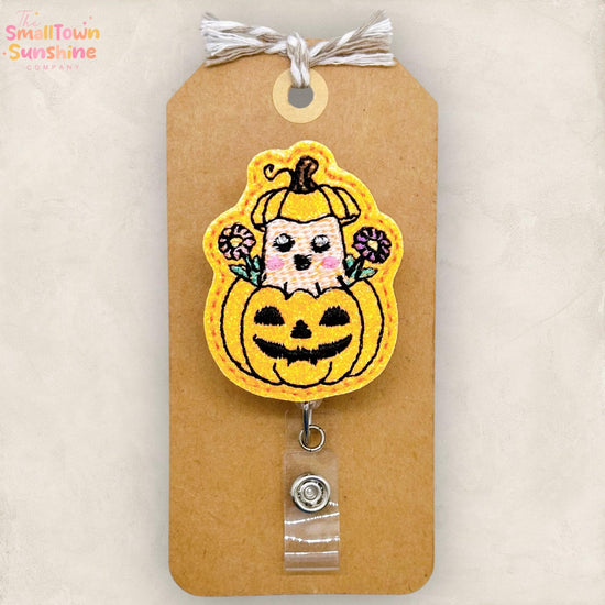 Ghost in Pumpkin Badge Reel, Halloween Badge, Nurse Badge Clip, Teacher Lanyard, Coworker Gift, Name Tag, Retractable ID Holder | GLITTER
