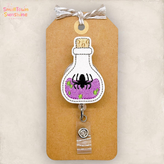 Spider Potion Badge Reel, Halloween Badge Reel, Nurse Badge Clip, Pharmacy Tech Lanyard, Coworker Gift, Retractable ID Holder | GLITTER
