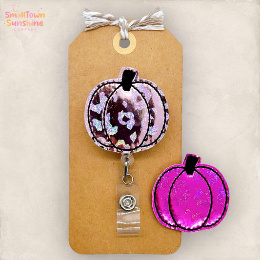 Holographic Leopard Pumpkin Badge Reel, Halloween Badge Reel, Nurse Badge Clip, Teacher Lanyard, Coworker Gift, Retractable ID Holder