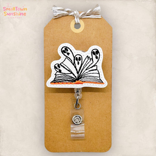 Spooky Book Badge Reel, Halloween Ghost Badge, Nurse Badge Clip, Teacher Lanyard, Coworker Gift, Name Tag, Retractable ID Holder | GLITTER