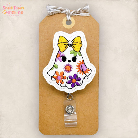 Floral Ghost with Bow Badge Reel, Halloween Badge Reel, Nurse Badge Clip, Teacher Lanyard, Coworker Gift, Name Tag, Retractable ID Holder