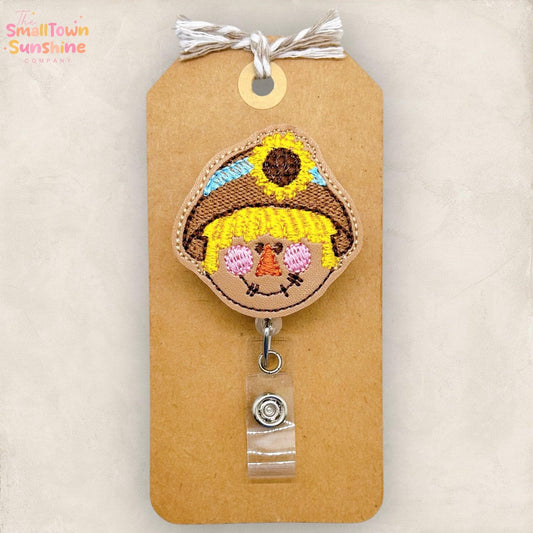 Scarecrow with Sunflower Badge Reel, Fall Badge Reel, Autumn Nurse Badge Clip, Teacher Lanyard, Coworker Gift, Retractable ID Holder