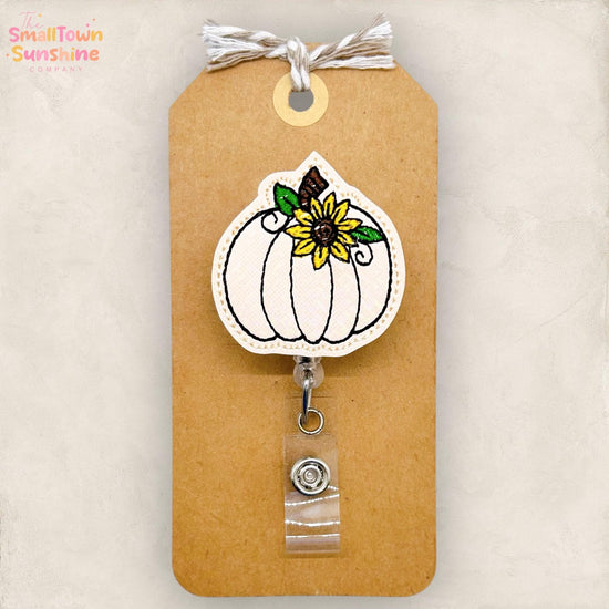 Ivory Pumpkin with Sunflower Badge Reel, Fall Badge Reel, Autumn Nurse Badge Clip, Teacher Lanyard, Coworker Gift, Retractable ID Holder