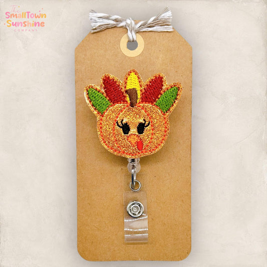 Pumpkin Turkey Badge Reel, Thanksgiving Badge, Nurse Badge Clip, Teacher Lanyard, Coworker Gift, Name Tag, Retractable ID Holder | GLITTER