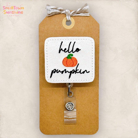 Hello Pumpkin Badge Reel, Cute Autumn Badge Reel, Nurse Badge Clip, Teacher Lanyard, Coworker Gift, Retractable ID Holder | GLITTER