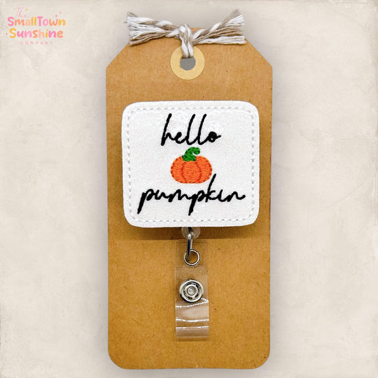 Hello Pumpkin Badge Reel, Cute Autumn Badge Reel, Nurse Badge Clip, Teacher Lanyard, Coworker Gift, Retractable ID Holder | GLITTER