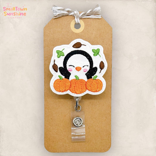 Happy Fall Penguin Badge Reel, Autumn Badge, Nurse Badge Clip, Teacher Lanyard, Coworker Gift, Name Tag, Retractable ID Holder | GLITTER