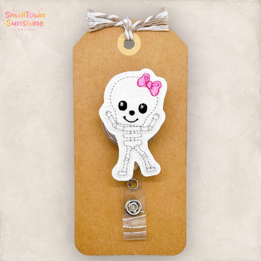 Cute Skeleton with Bow Badge Topper