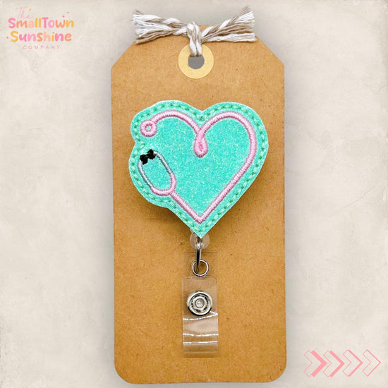 Nurse Stethoscope Heart Badge Reel, RN Badge Clip, Nursing Student, Coworker Gift, Interchangeable, Retractable ID Holder | GLITTER