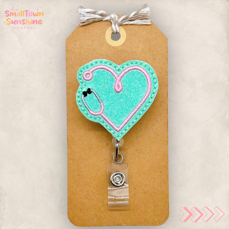 Nurse Stethoscope Heart Badge Reel, RN Badge Clip, Nursing Student, Coworker Gift, Interchangeable, Retractable ID Holder | GLITTER