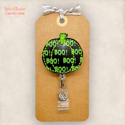 Spooky Boo Pumpkin Badge Reel, Halloween Badge Clip, Nurse Name Tag, Teacher Lanyard, Coworker Gift, Interchangeable, Retractable ID Holder