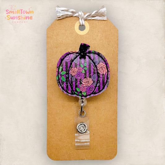 Striped Purple Pumpkin Badge Reel, Halloween Clip, Nurse Name Tag, Teacher Lanyard, Coworker Gift, Interchangeable, Retractable ID Holder