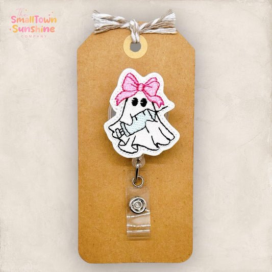 Bow Syringe Ghost Badge Reel, Halloween Name Tag, Nurse Badge Clip, School Nurse Lanyard, Coworker Gift, Retractable ID Holder | GLITTER
