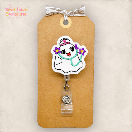 Stethoscope Ghost Badge Reel, Halloween Name Tag, Nurse Badge Clip, School Nurse Lanyard, Coworker Gift, Retractable ID Holder | GLITTER