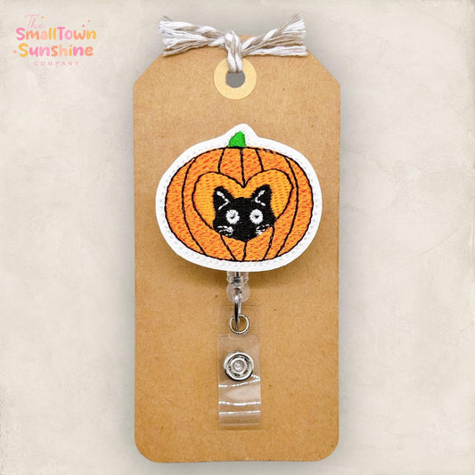 Black Cat Pumpkin Badge Reel, Halloween Nurse Badge Clip, Teacher Lanyard, Coworker Gift, Interchangeable, Retractable ID Holder | GLITTER