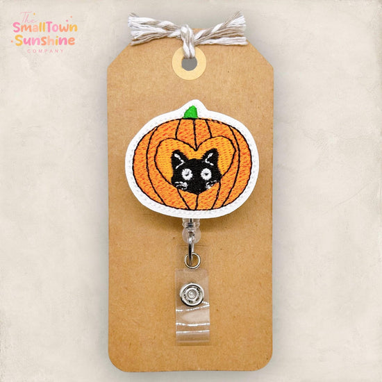Black Cat Pumpkin Badge Reel, Halloween Nurse Badge Clip, Teacher Lanyard, Coworker Gift, Interchangeable, Retractable ID Holder | GLITTER
