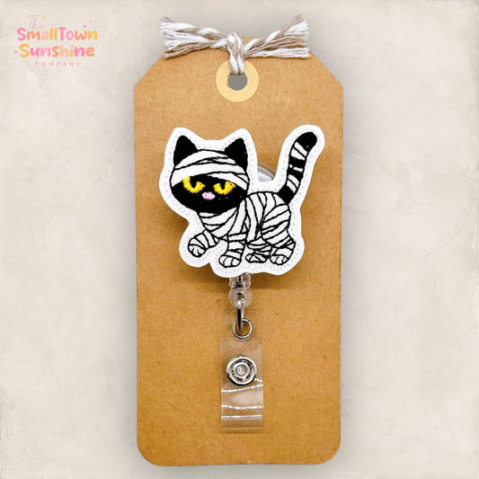 Black Cat Mummy Badge Reel, Halloween Nurse Badge Clip, Teacher Lanyard, Coworker Gift, Interchangeable, Retractable ID Holder | GLITTER