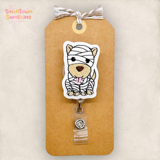 Mummy Dog Badge Reel, Halloween Name Tag, Nurse Badge Clip, Teacher Lanyard, Coworker Gift, Interchangeable, Retractable ID Holder | GLITTER