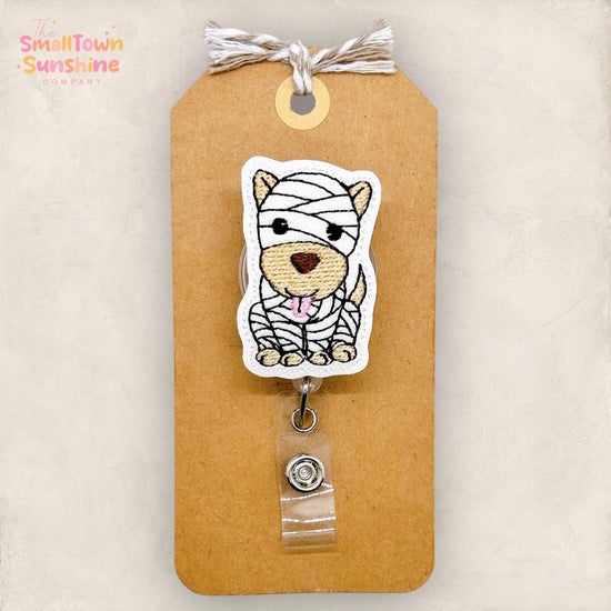Mummy Dog Badge Reel, Halloween Name Tag, Nurse Badge Clip, Teacher Lanyard, Coworker Gift, Interchangeable, Retractable ID Holder | GLITTER