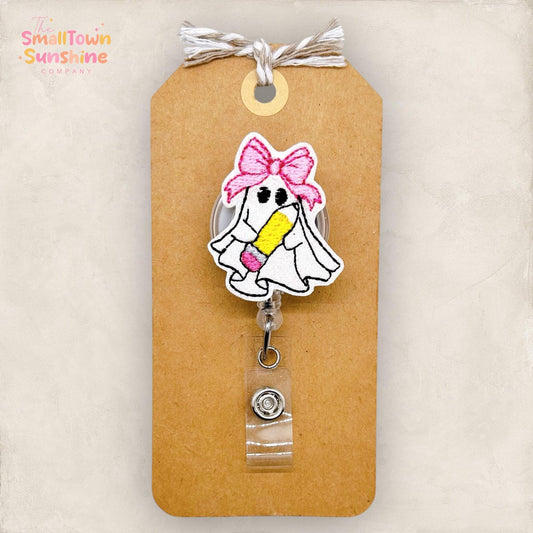 Pencil Ghost with Bow Badge Reel, Halloween Name Tag, Nurse Badge Clip, Lanyard, Coworker Gift, Badge Buddy, Retractable ID Holder | GLITTER
