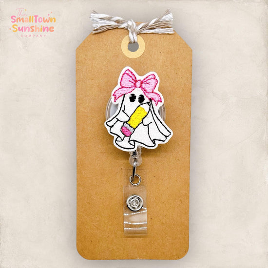 Pencil Ghost with Bow Badge Reel, Halloween Name Tag, Nurse Badge Clip, Lanyard, Coworker Gift, Badge Buddy, Retractable ID Holder | GLITTER