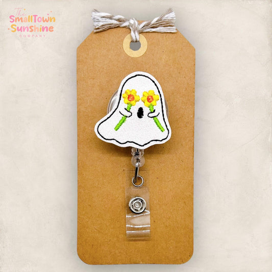 Daisy Eyes Ghost Badge Reel, Cute Halloween Name Tag, Nurse Badge Clip, Teacher Lanyard, Coworker Gift, Retractable ID Holder | GLITTER
