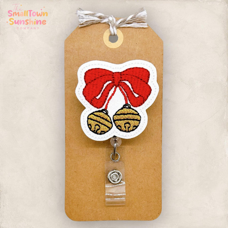 Jingle Bells Badge Reel, Coquette Christmas Badge Reel, Nurse Badge Clip, Teacher Lanyard, Coworker Gift, Retractable ID Holder | GLITTER