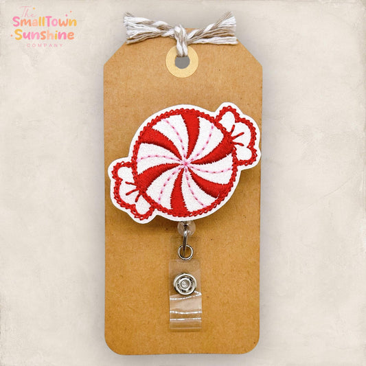 Peppermint Candy Badge Reel, Christmas Badge, Nurse Badge Clip, Teacher Lanyard, Coworker Gift, Name Tag, Retractable ID Holder | GLITTER