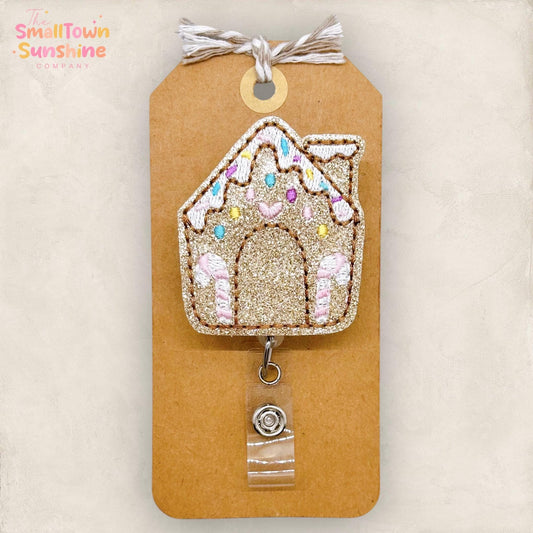 Gingerbread House Badge Reel, Christmas Badge, Nurse Badge Clip, Teacher Lanyard, Coworker Gift, Name Tag, Retractable ID Holder | GLITTER