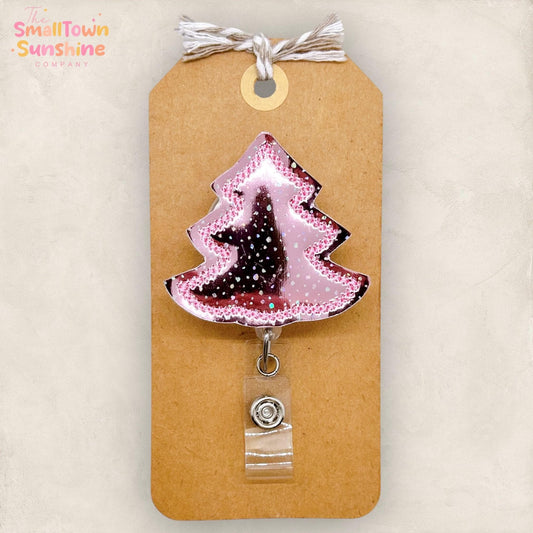 Pink Christmas Tree Badge Reel, Holiday Name Tag, Nurse Badge Clip, Teacher Lanyard, Coworker Gift, Interchangeable, Retractable ID Holder