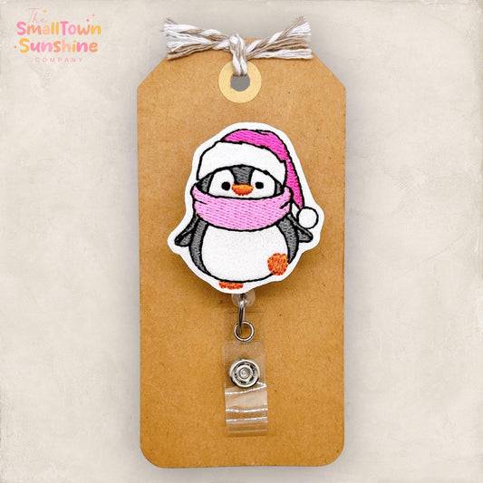Pink Penguin Badge Reel, Winter Badge Reel, Nurse Badge Clip, Teacher Lanyard, Coworker Gift, Name Tag, Retractable ID Holder | GLITTER